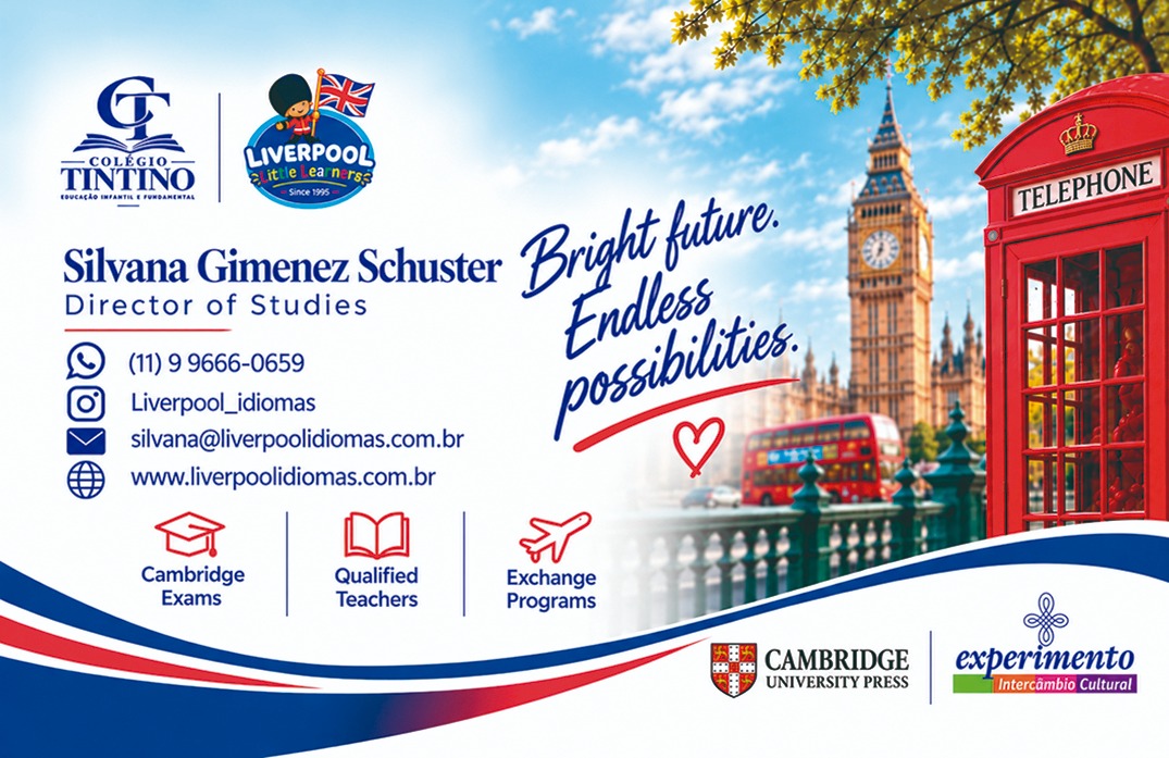 Cartão de contato do Programa Bilíngue, com os logos do Colégio Tintino e da Liverpool Idiomas e os dados de contato de Silvana Gimenez Schuster, Diretora de Estudos.